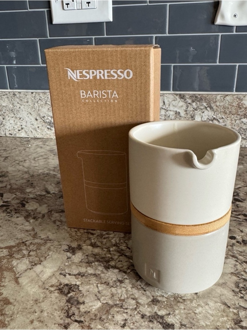 Nespresso Stackable Serving Set Barista Collection Wood Milk Jug &Sugar Bowl NEW
